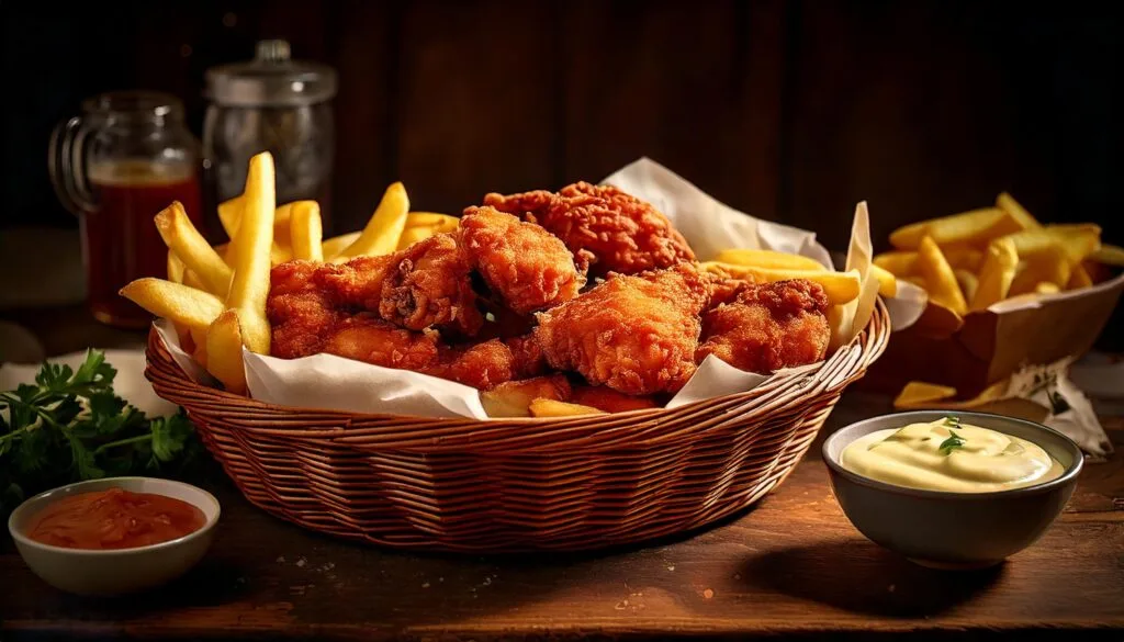 A basket of crispy fried chicken drumsticks and wings, golden brown, with a side of dipping sauce, coleslaw, and fries on a rustic wooden table. The scene is styled for casual dining, with napkins and drinks nearby 