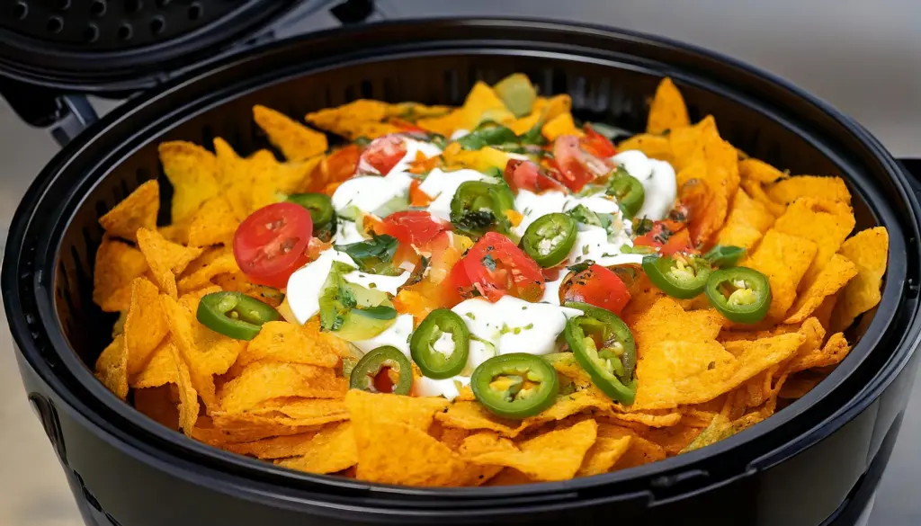 A close-up of crispy nachos in an air fryer basket with melted cheese, topped with fresh ingredients like jalapeños, tomatoes, and sour cream.