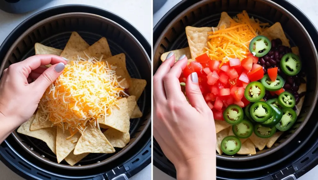 A step-by-step image showing a hand arranging nachos in an air fryer basket, with cheese and toppings added before air frying