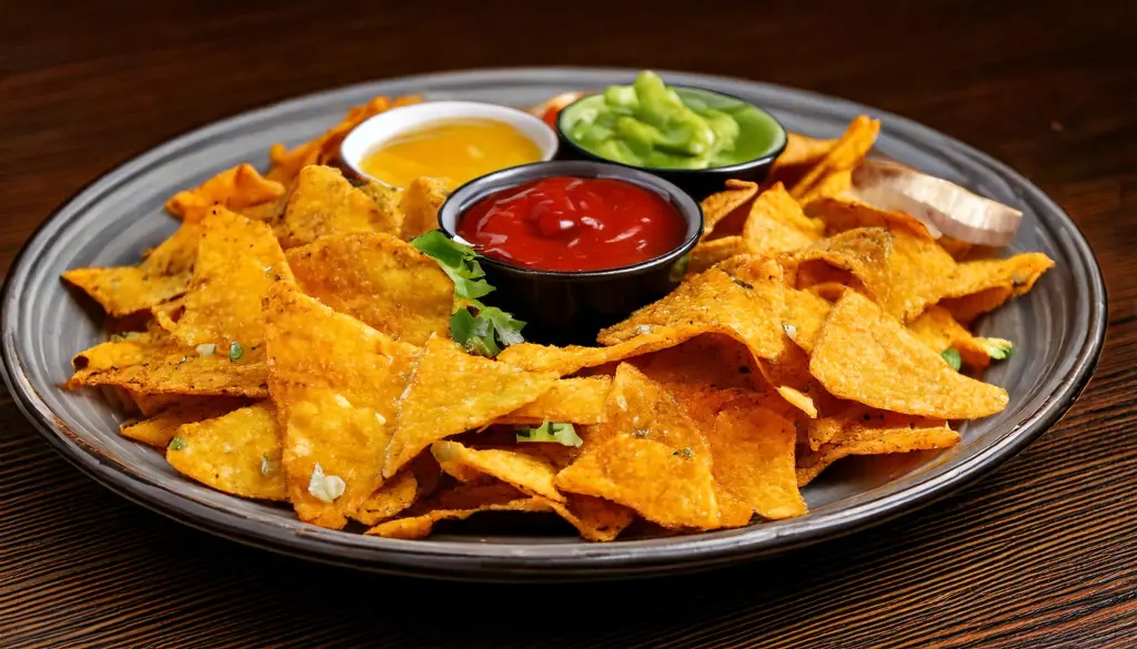 A perfectly reheated plate of nachos, served with dips on the side, showcasing the texture and crispiness after being air-fried.